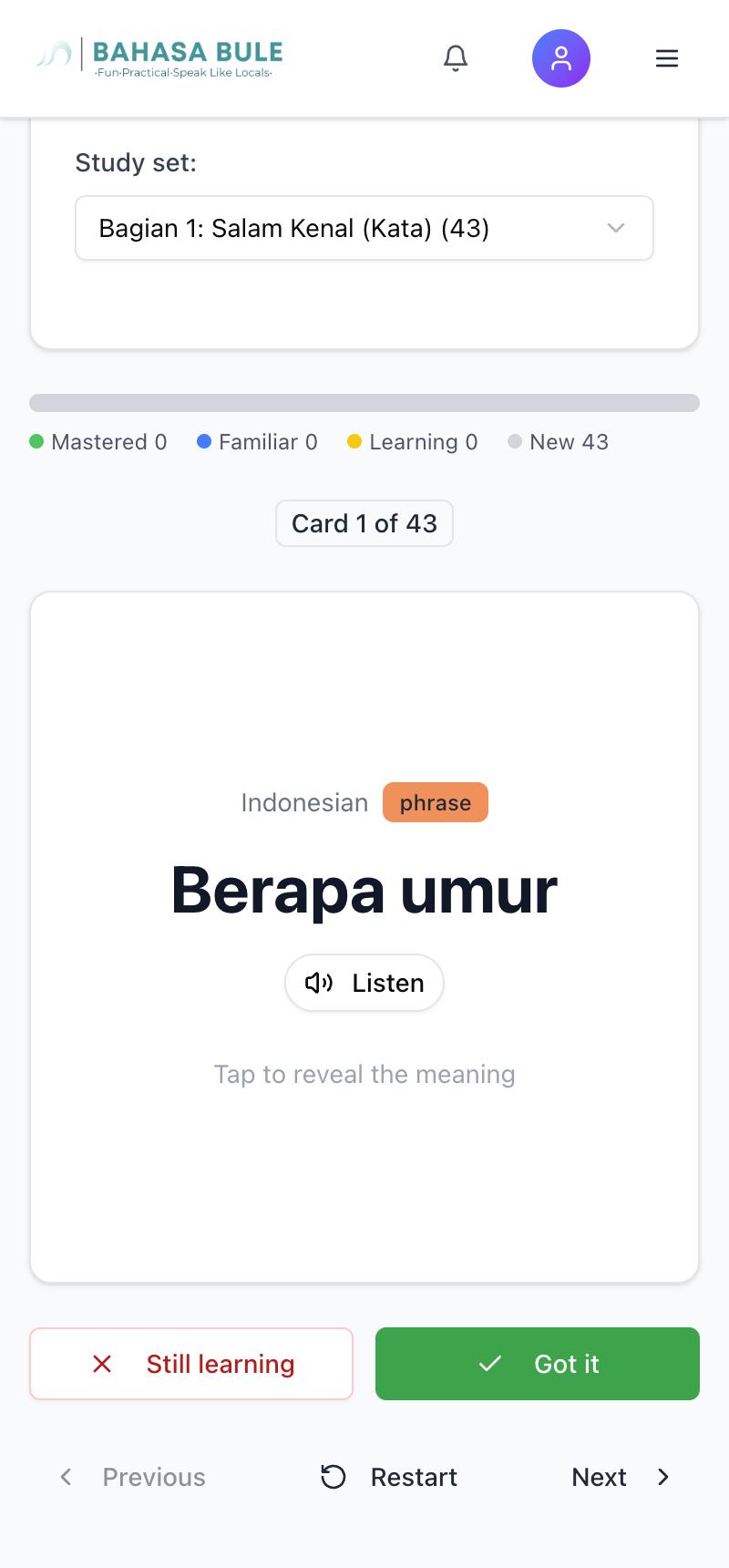 Bahasa Bule app flashcards