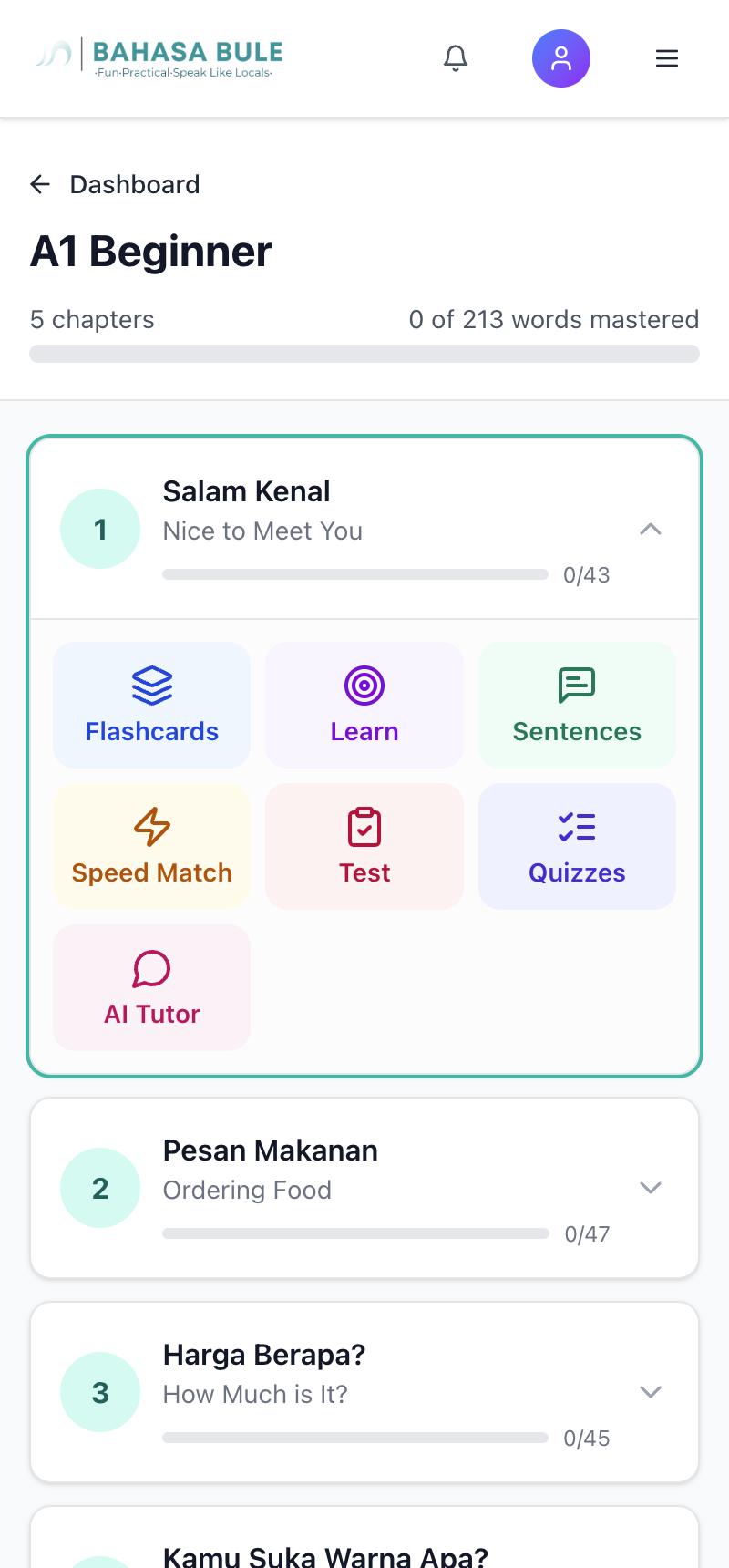 Bahasa Bule app dashboard